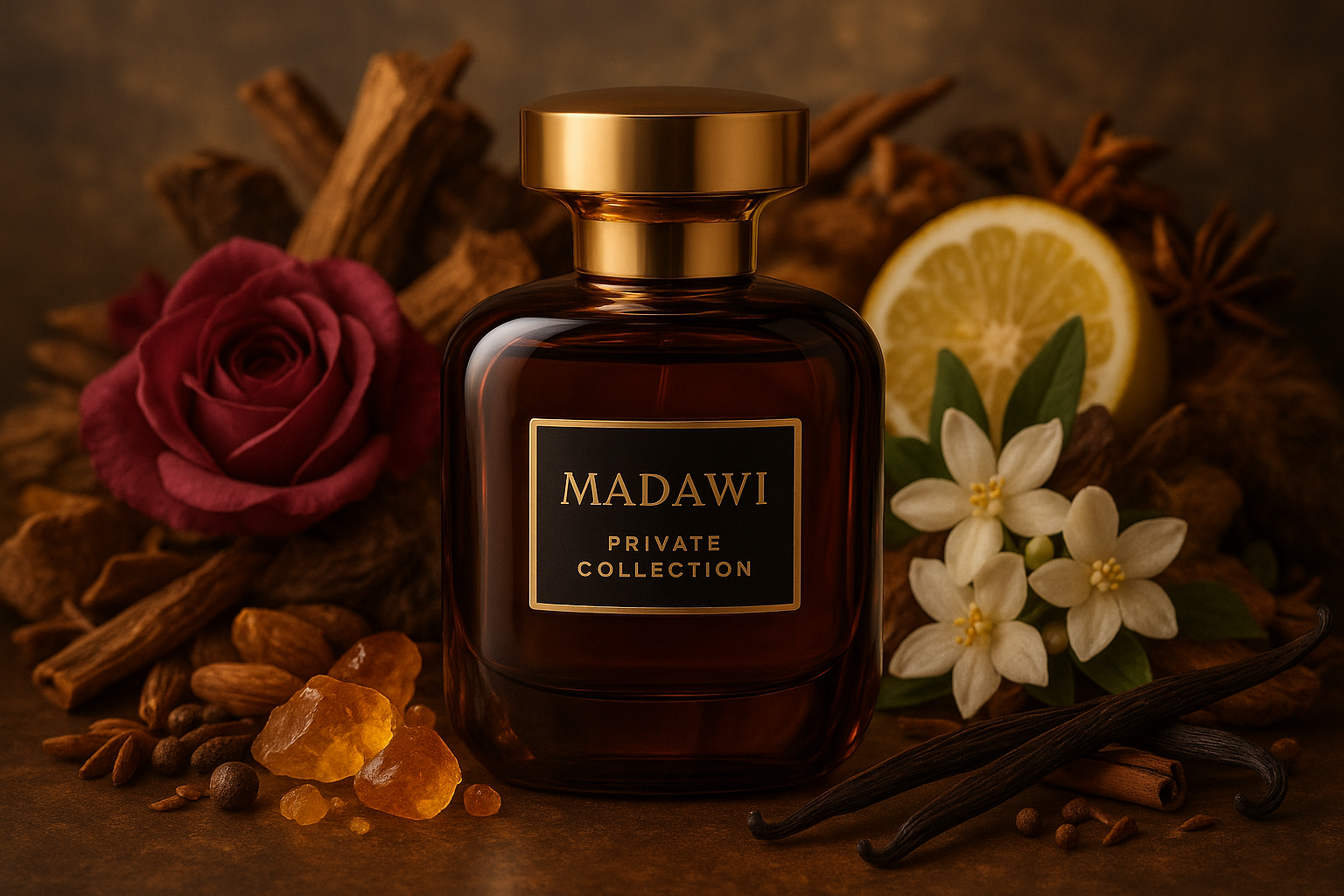 généré une image de la collection privée madawi avec en arriere plan les ingrédient et notes utilisé dans la conception de ce parfum