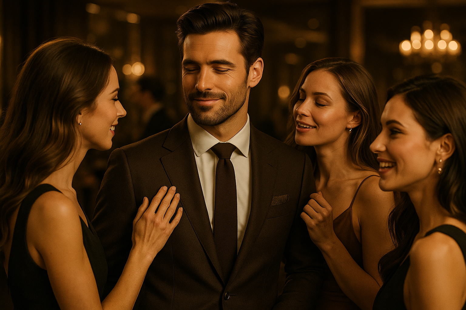 généré une image d'un homme elegant  qui porte le parfum bois et qui est complimenté par des femmes