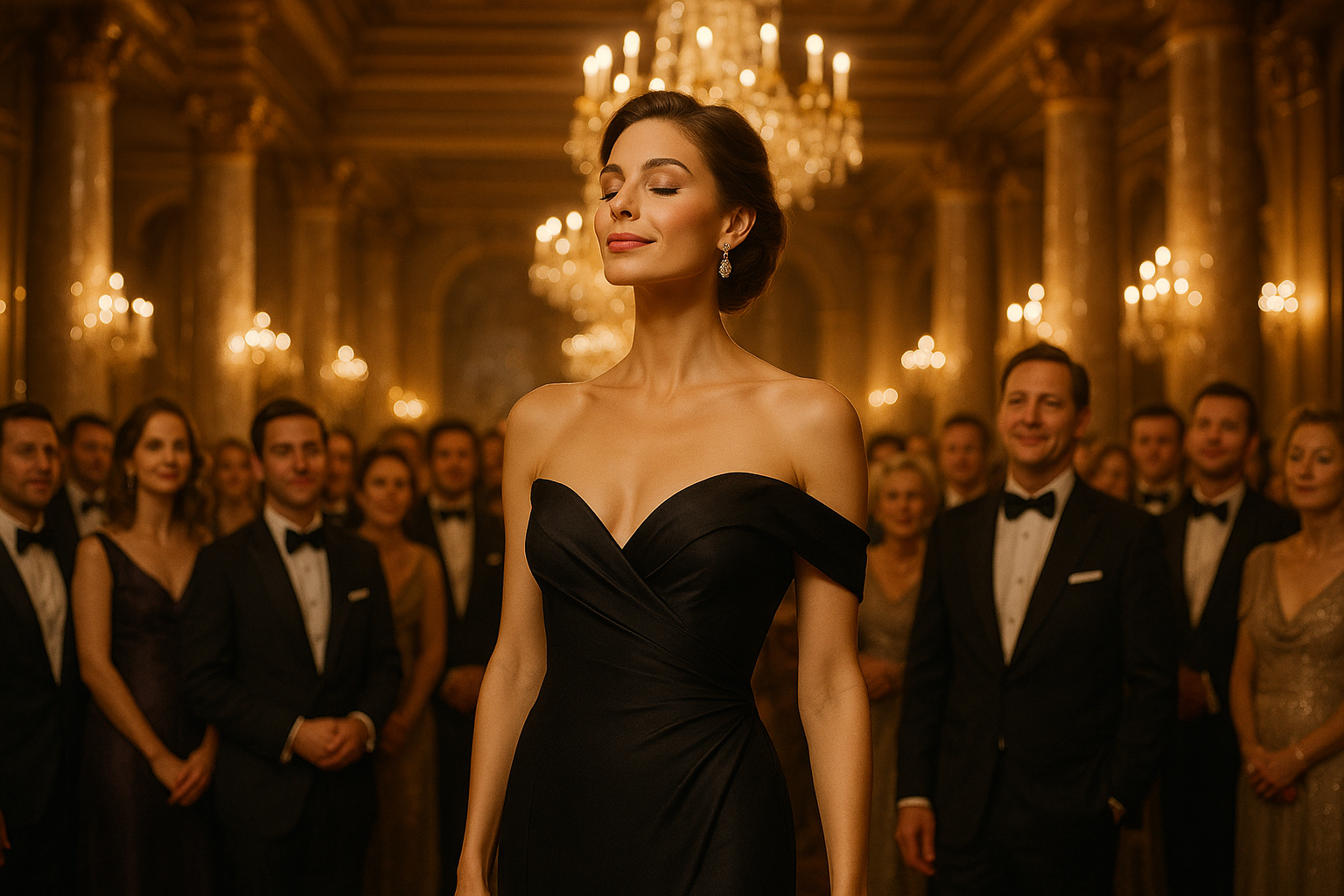 généré une image d'une femme belle , qui a confiance en elle raffinée et elegante qui est apprécié par tout une foule dans une salle de gala tout le monde apprécie l'odeur quelle dégage  