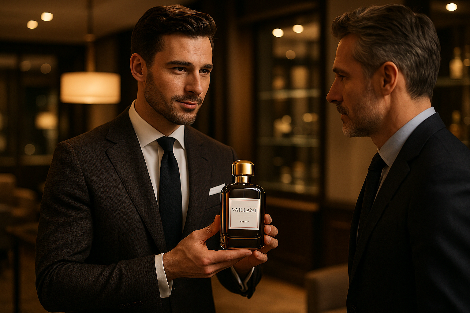 généréune image d'une homme qui meten valeur le parfum vaillant en le proposant à un autre homme