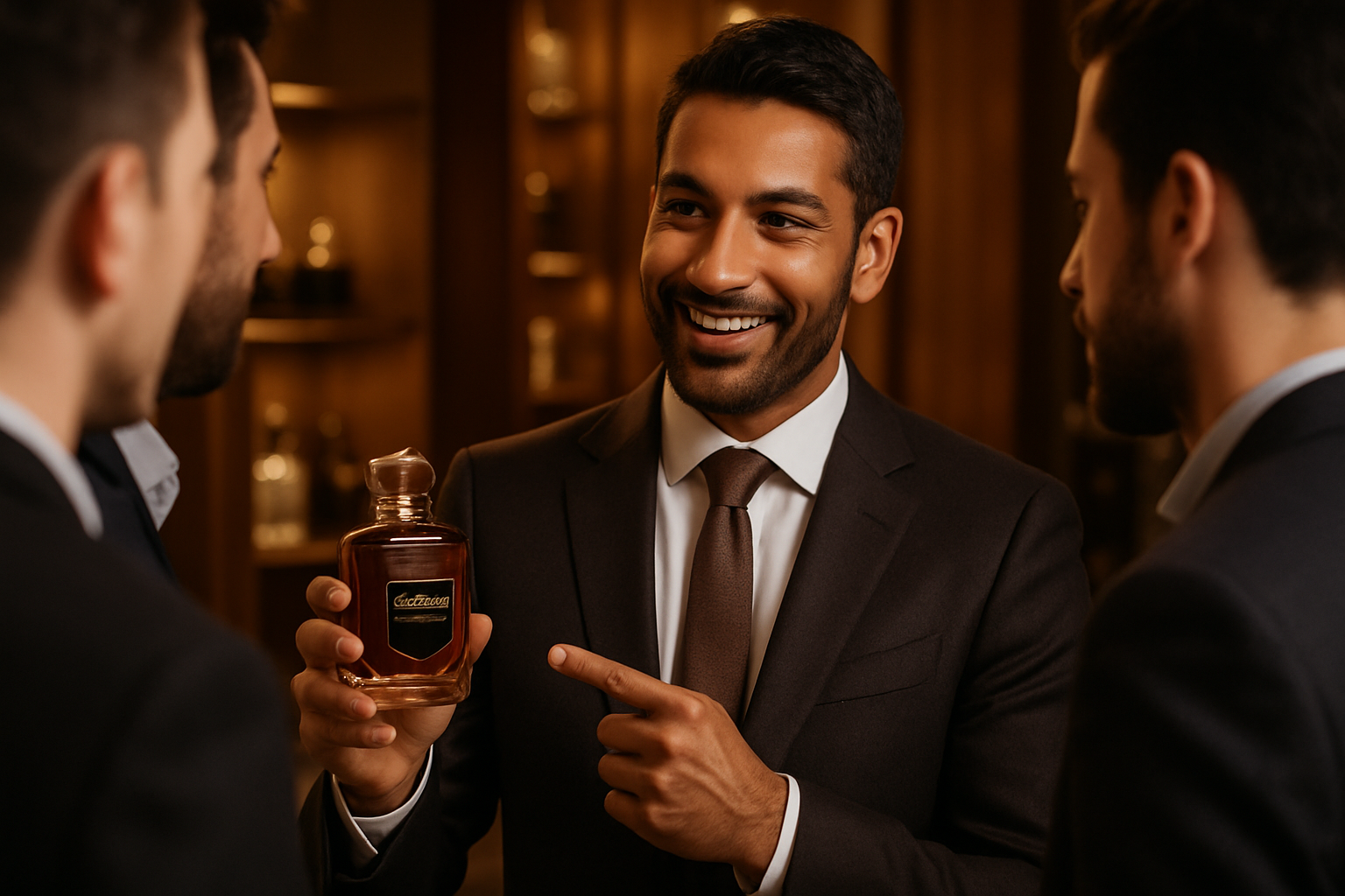 génére une image d'un homme qui recommande le parfum khamrah à d'autres hommes et qui sourit