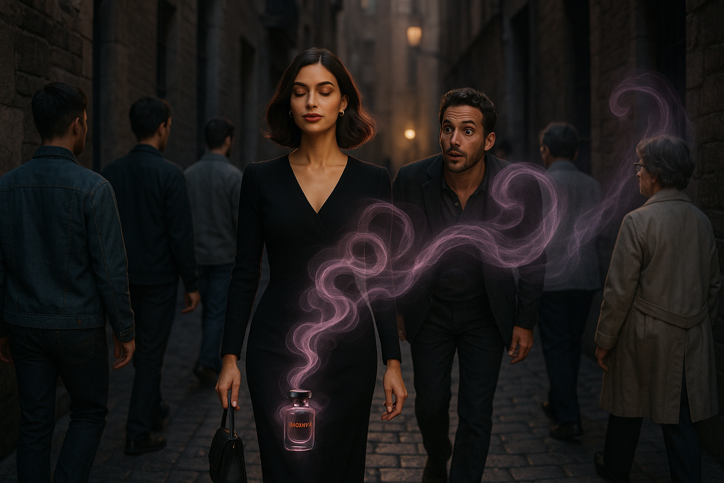génére une image d'une femme qui porte le parfum madawi qui sent fort et bon dans une ruelle suivi par un homme qui suit l'odeur pour trouver qui sent ce parfum parmi une groupe de qui marche dans la ruelle 