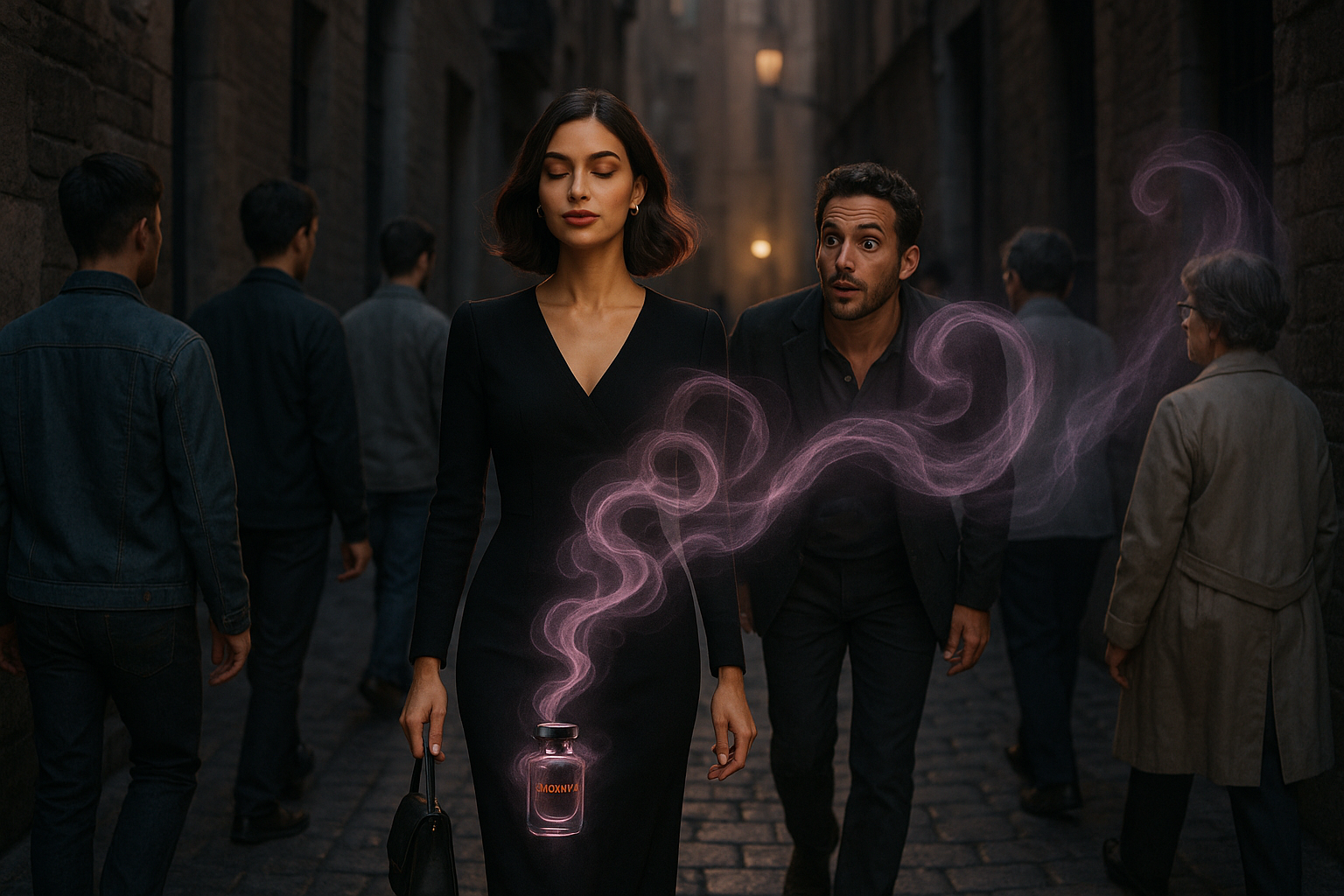 génére une image d'une femme qui porte le parfum madawi qui sent fort et bon dans une ruelle suivi par un homme qui suit l'odeur pour trouver qui sent ce parfum parmi une groupe de qui marche dans la ruelle 