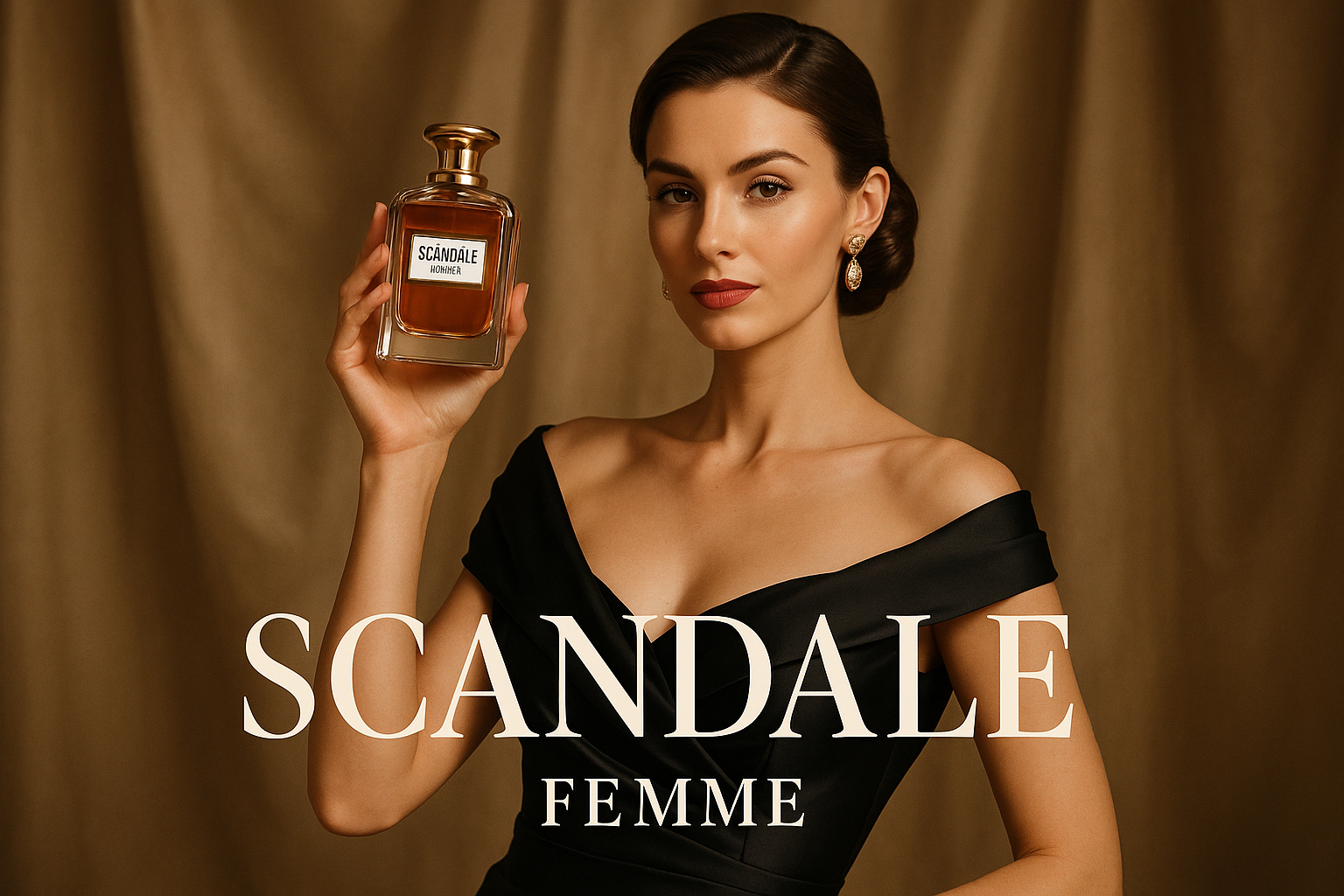 génére une image d'une femme raffinée et élégante qui fait la présentation du parfum scandale femme pour insiter les personnes à venir l'acheter