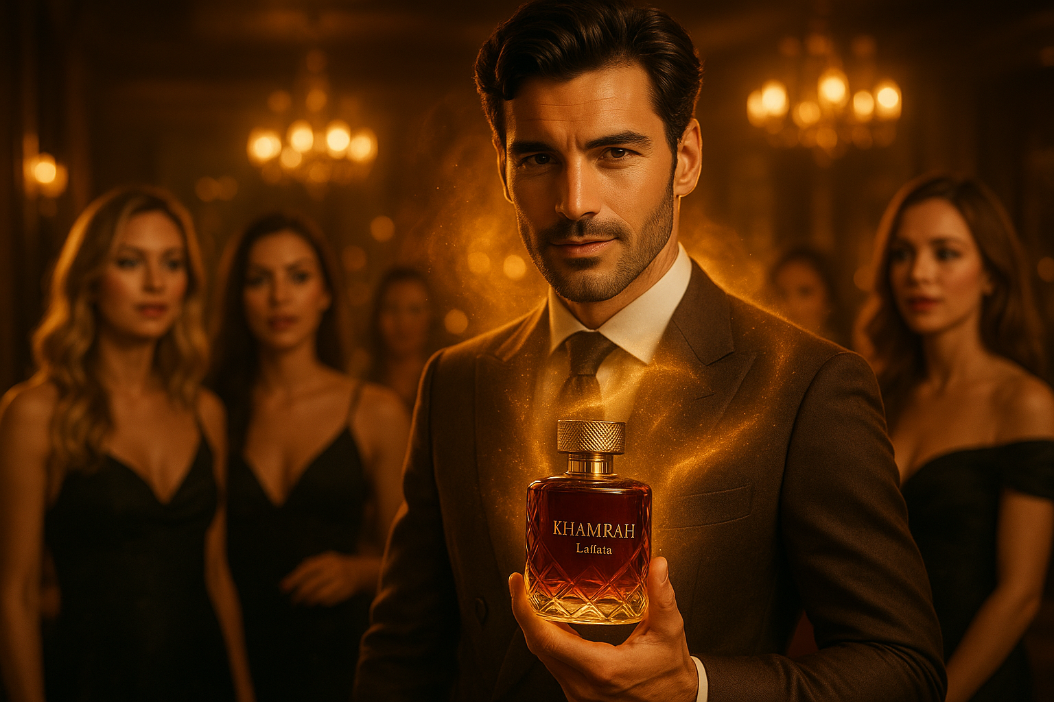 généreune image d'un homme  qui attire des femmes à cause de son parfum le khamrah et metter le en valeur