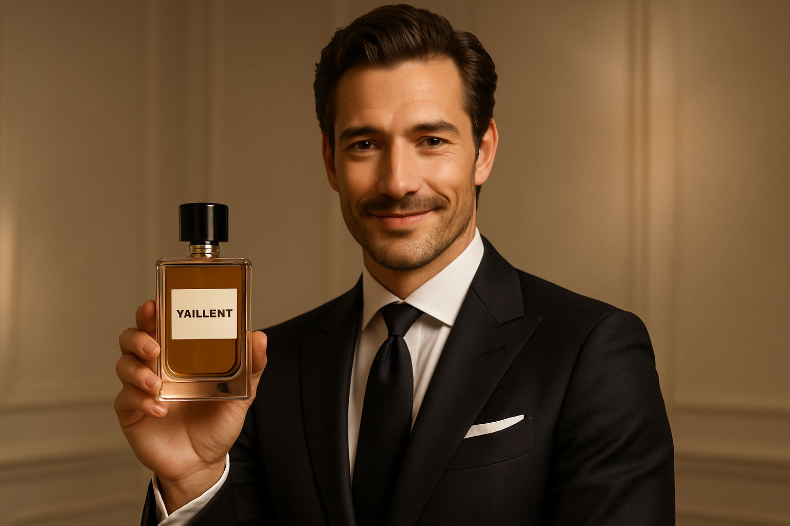 genere une image de  présentation du parfum vaillant par un homme charismatique et élégant qui sourit