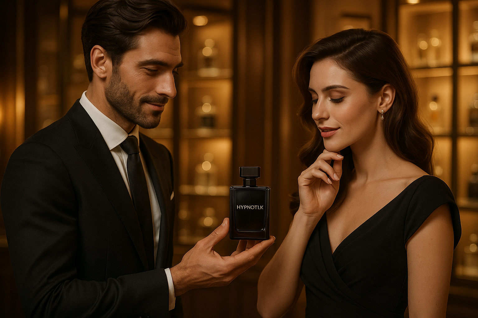 un homme qui propose à une femme le parfum hypnotik